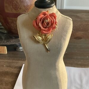 Elegant Gold and Coral with a Pearl Rose Brooch